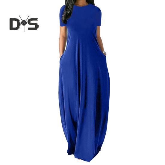 

Жіноча довга сукня з круглим вирізом і короткими рукавами, вільний край, бічні кишені з високою талією, однотонне довге плаття вуличного одягу XL