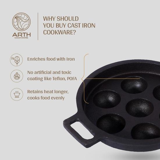 Arth The 7-Pits Pre-Seasoned Cast Iron Paniyaram Pan, 100% Natural and Toxic Free | 7 Pits - 22cms Diameter | NNaturally Non Stick and Long Lasting