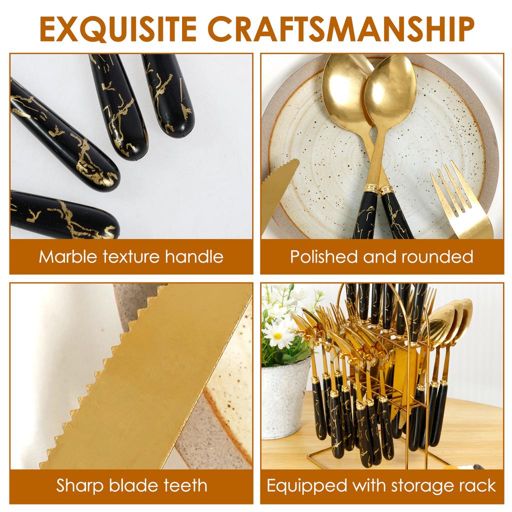 24Pcs Stainless Steel Silverware Set with Hanger Knife Fork Spoon Western Cutlery Set Mirror Polished Kitchen Supplies Home Gift