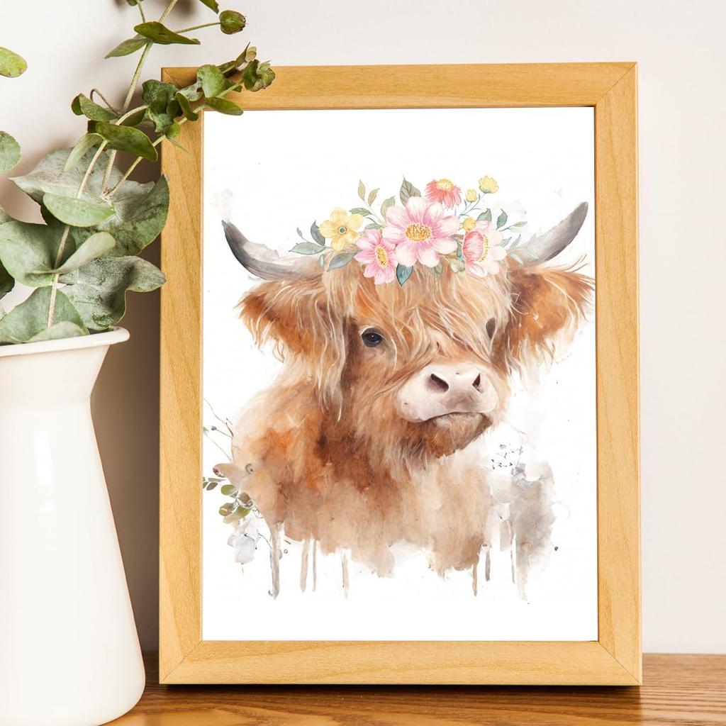 ETVISO Highland Cow Wall Art, Nursery Decor Wall Art Prints Set of 4, Western Floral Baby Cow Watercolor Wall Decor, Highland Cow Baby Shower