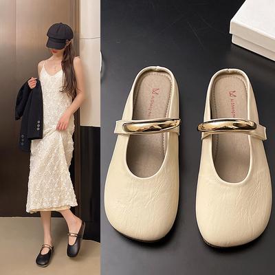 Boucle en métal printemps et été nouveau 2025 demi-traîne chaussures simples pour femmes tête de sac français paresseux fond plat une pédale sandales Mary Jane