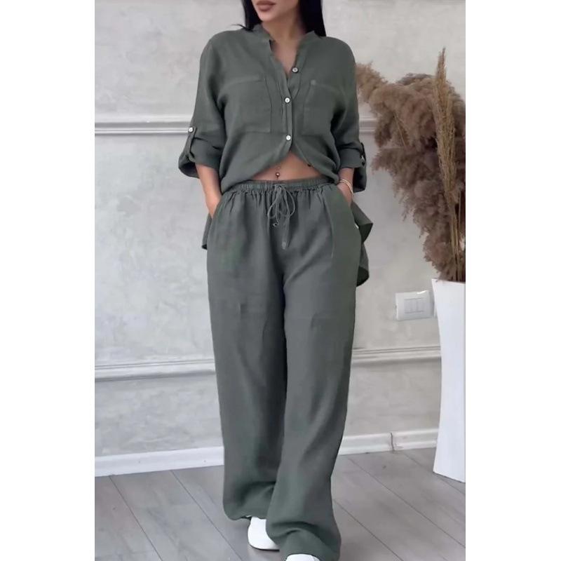 2024 Women's Solid Color Long-Sleeve Shirt & Wide-Leg Pants Set