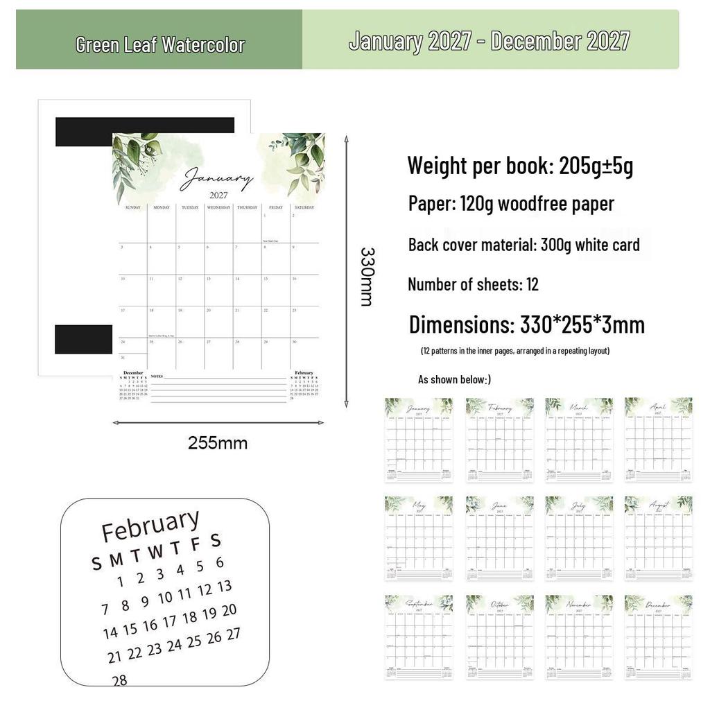 2027 Creative English Wall Calendar: Plan, Check-in, Memo & Customizable