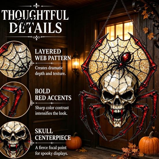 Gothic Spider Sun Catcher Vintage Catcher, Stained Glass Style Shaped Suncatcher, Decorative for Porch Spooky Acrylic Skull Window Hanging Ornament