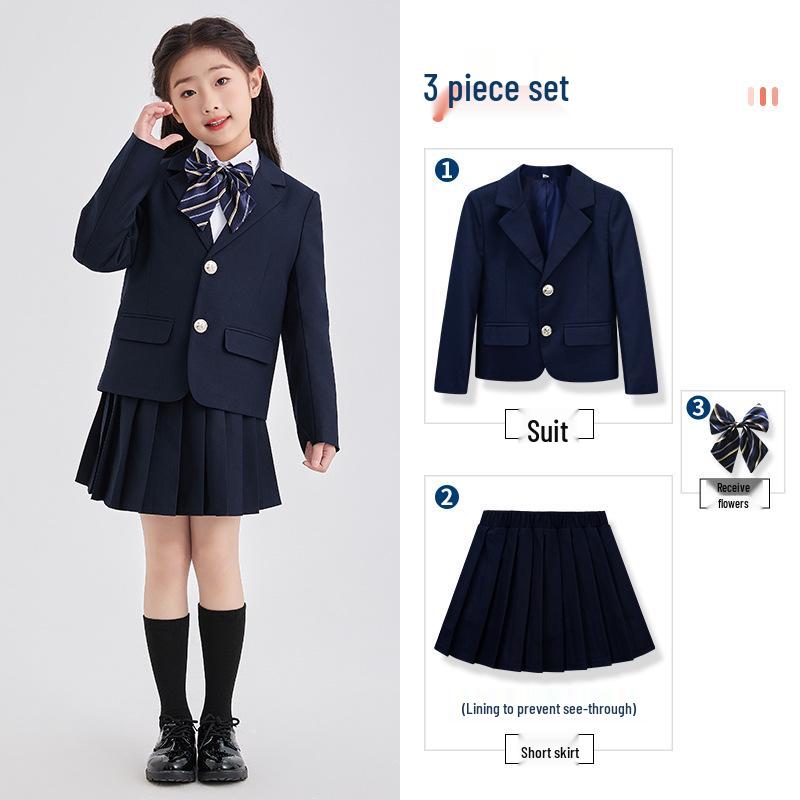 Spring/Summer Kids' British College Style Navy Blue Kindergarten Uniform Set for Performances