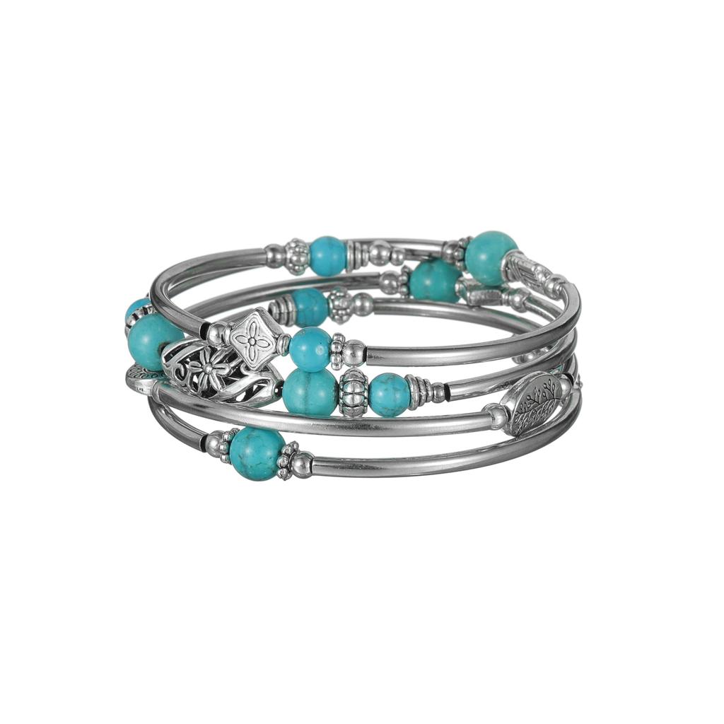 Retro tiger eye stone turquoise bead mixed with geometric pattern tube splicing multi-layer women's bracelet
