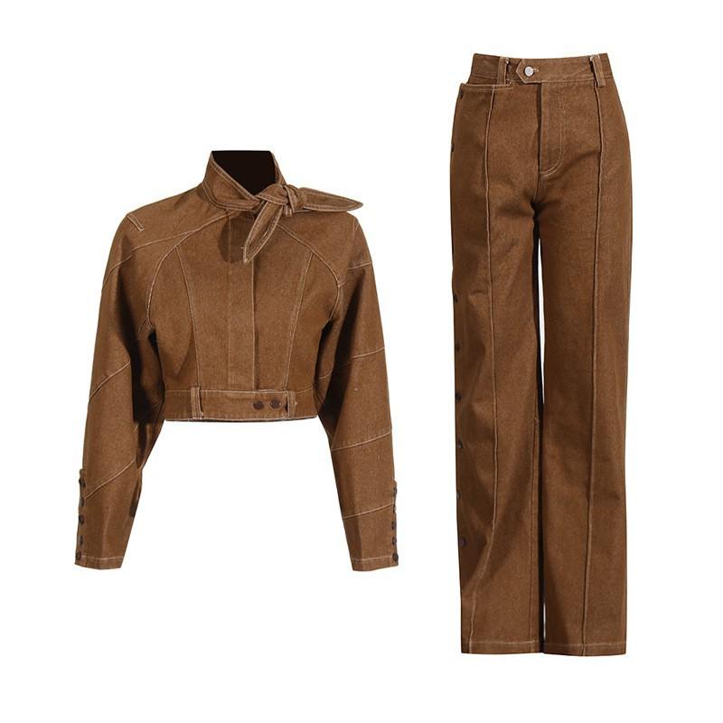 

Vintage Short Jacket Coat High-waist Straight Button Pants Fashionable Suit Women s Trend XL хакі