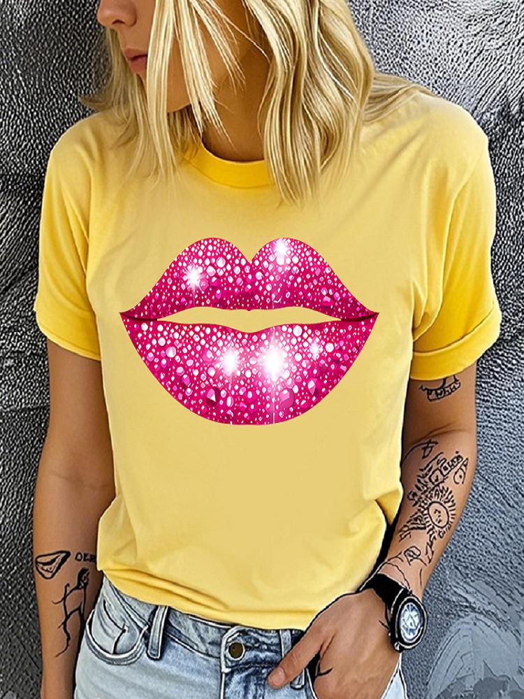 cotton 100% Premium T-shirt)Hot Pink Lips Funny Summer Women T-Shirt Harajuku Print Fashion Short Sleeve Summer Casual T-Shirt