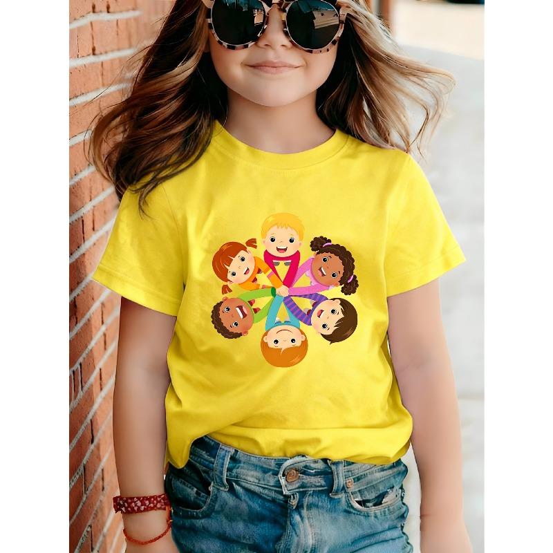 Girls Harmony Day Theme Print Crewneck Casual Short Sleeve Tee