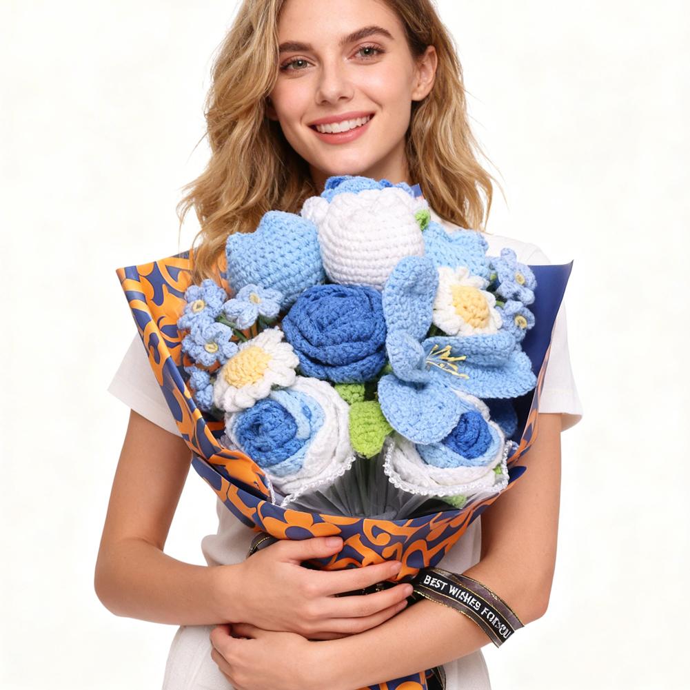 Handmade Crochet Flower Bouquet Knitted Rose Artificial Flowers For Home Decor Valentine's Day Mother's Day Anniversary Gift