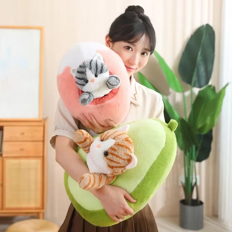 Cartoon Avocado Banana Strawberry Carrot Cat Plush Toy Cute Fruit Kitty Pillow Stuffed Accompany Doll Room Decor Birthday Gift