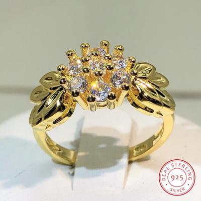 925 Sterling Silver Delicate Flower Zircon Ring Ladies Golden Chrysanthemum Ring Party Birthday Jewelry Gift
