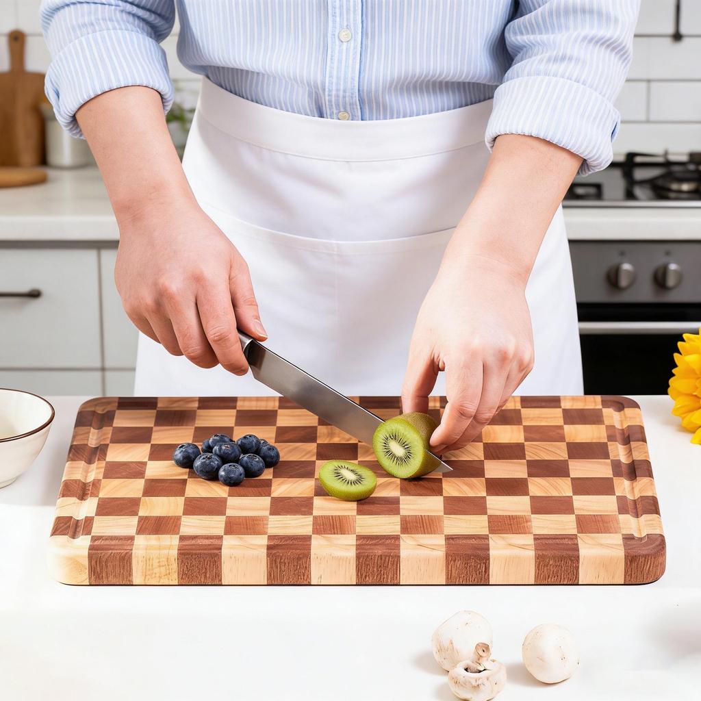 Tagliere da Cucina in Legno di Hevea a Scacchiera