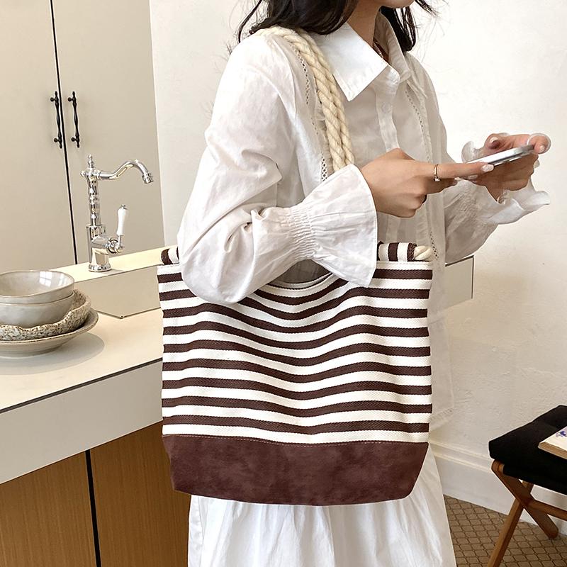 Striped Tote Bag Rope Handle Casual Beach Shoulder Purse Large Capacity