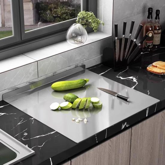 Stainless Steel Cutting Board Anti-Slip L-shaped Edge Chopping Board Multi-Purpose Kitchen Prep Board for Meat Vegetables Dough