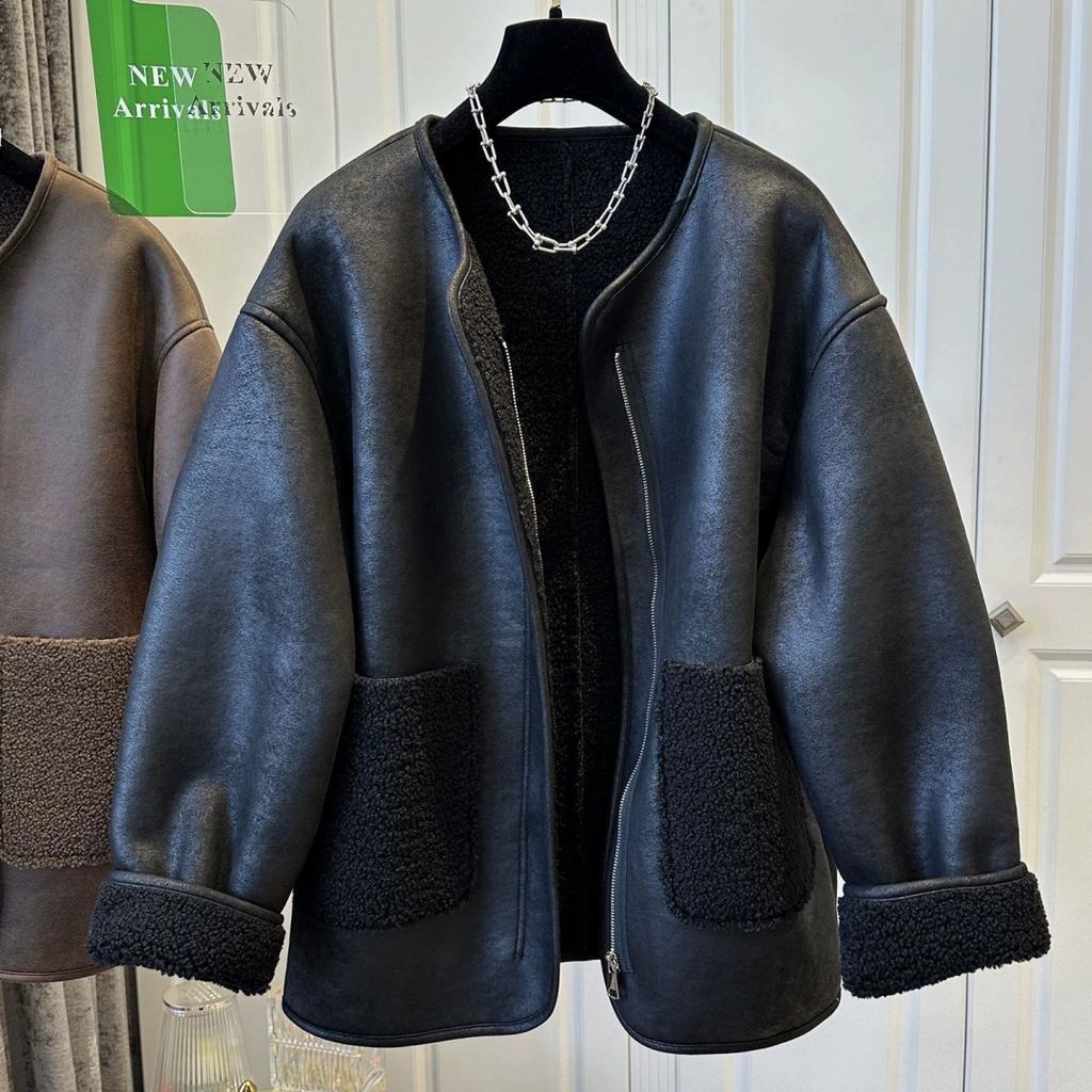 Women's Loose Plus Size Leather Jacket   Zipper Fur Stitching One Round Neck Coat Autumn Winter   Leather Overcoat