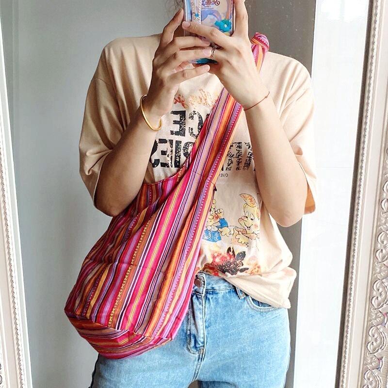 Bohemian Canvas Shoulder Crossbody Bag Womens Large Capacity Versatile Ethnic Shopper Tote Bag