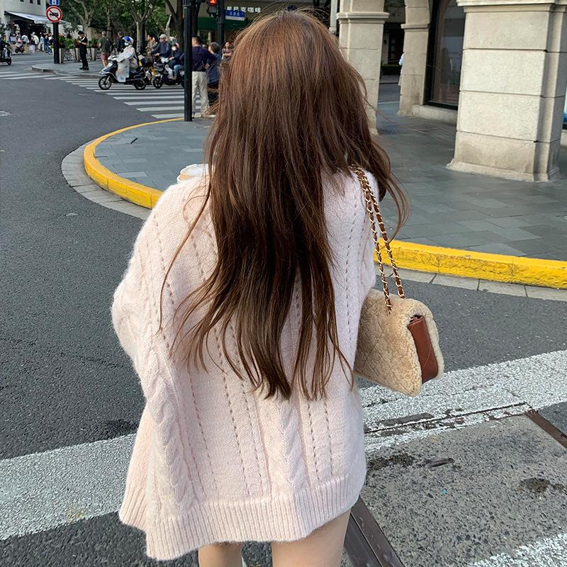 Pink Knitted Open Cardigan Sweater Women's Chic Street Style Loose Sweet Anti-Aging Lazy Fashion Outerwear Top