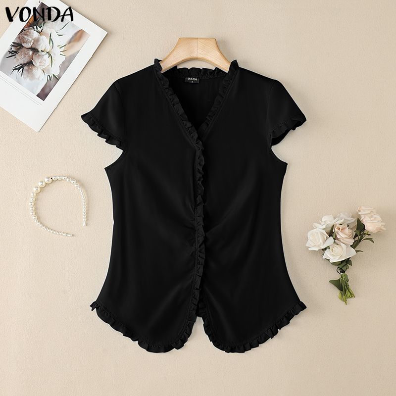 VONDA Summer Women Casual V-Neck Short Sleeve Ruffled Hem Slim T-shirts Tops