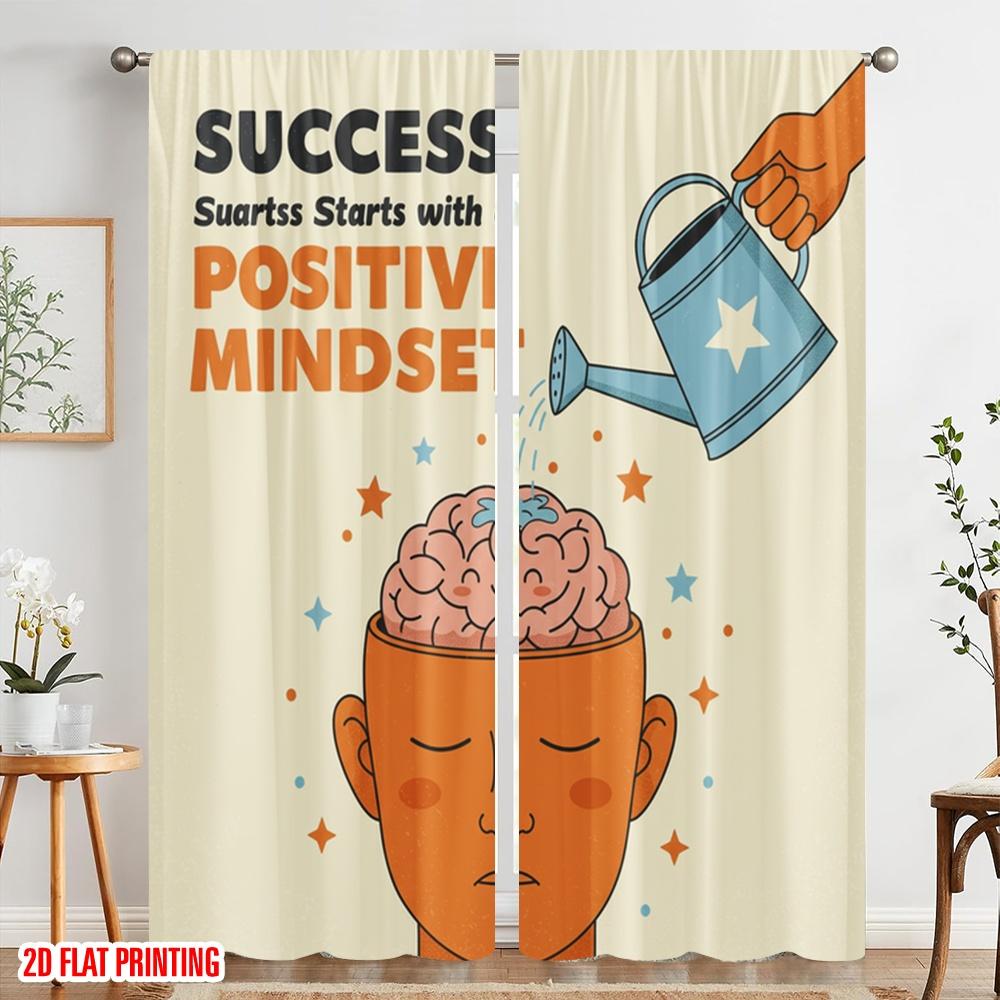 2pcs 2D Flat Printing Window Curtains Positive Mindset Brain Growth Success 100% Polyester Without Electricity Festive Curtains