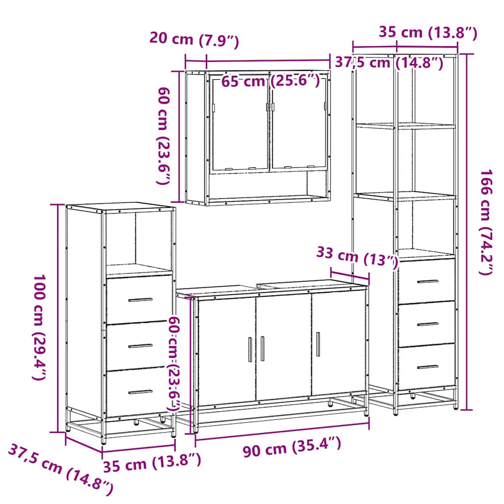 4 Piece Bathroom Furniture Set Smoked Oak Wood Based Material