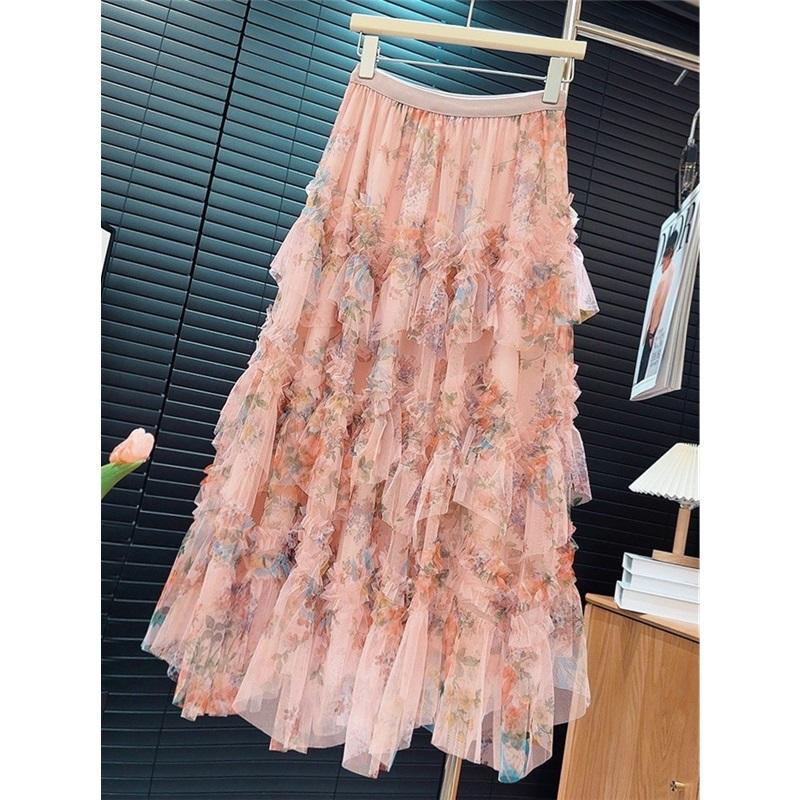 

European And American Floral Print Tulle Cake Skirt Women Long Skirt Flowy Puff Skirt Elegant Maxi Skirt For Summer Fashion Party Casual Wear One Size розовый