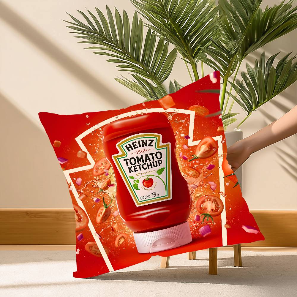 Funny H-heinzS Ketchup Label Pillow Case Soft Plush Fabric Double Sided Print Decorative Home Living Room Gift Cushion