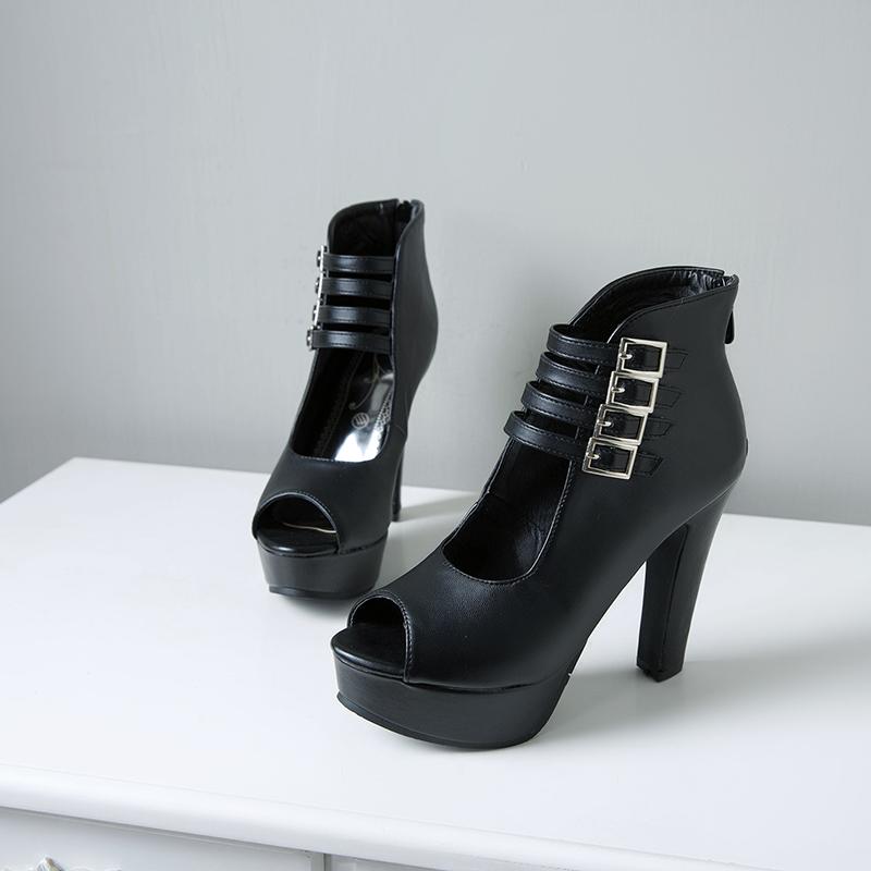 Summer New Womens Ankle Boots Sandals High Quality PU Leather Buckle Strap Zip Stiletto Heels Plus Size 35-46Shoes