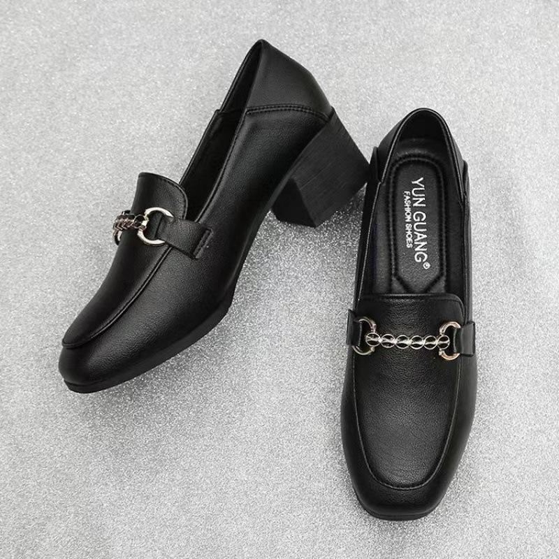 Thick Heel Square Head Single Shoes Women's Leather Shoes British Style Spring and Autumn One Pedal Loafers One Shoe Two Wear Thick Heel Large Size W