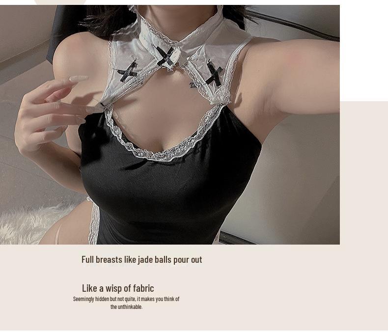Naughty Nun Role Play Costume: Removable Lingerie Nightgown Set with High Slit and Hollow Design.