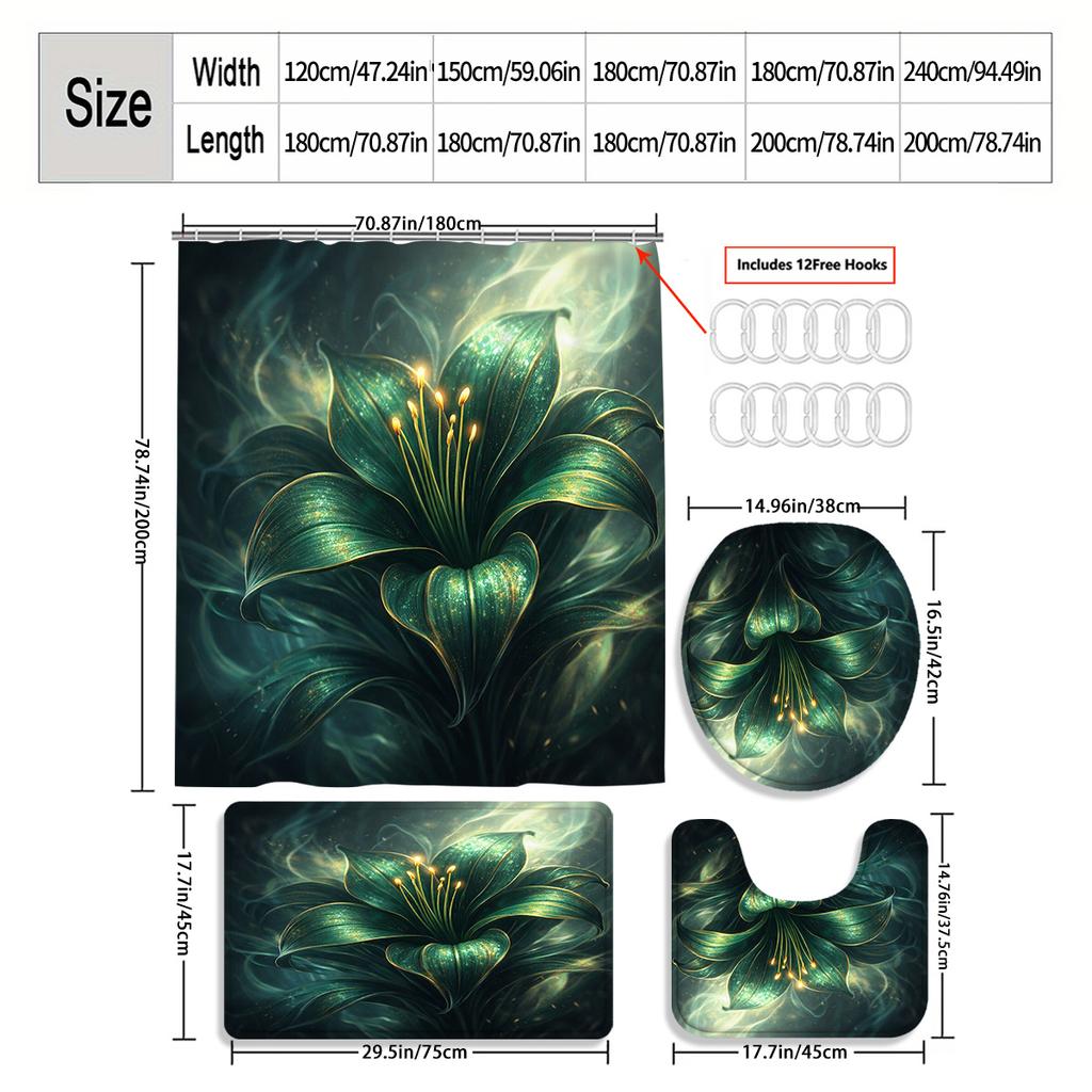 4Pcs Enchanted Lily Shower Curtain Set with Non-Slip Bath Mat, Toilet Lid Cover, Contour Rug & 12 Hooks, Bathroom Decor