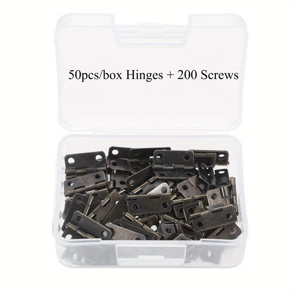 50pcs/box Hinges + 200 Screws Iron Golden/Antique Bronze 4 Holes Durable Furniture Hardware 16*13mm Mini Rounded Hinge Decor