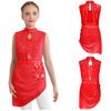 Girls Asymmetrical Skating Dress Sleeveless Backless Cutout Sheer Mesh Overlay Rhinestone Applique Competition Dance Costume