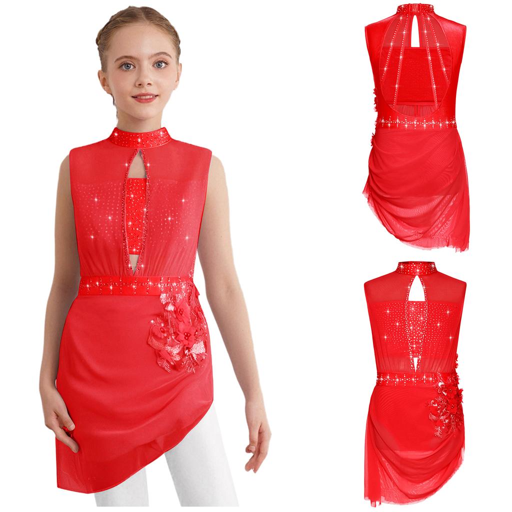 Girls Asymmetrical Skating Dress Sleeveless Backless Cutout Sheer Mesh Overlay Rhinestone Applique Competition Dance Costume