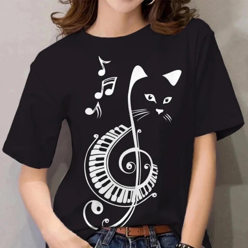 Abstract Cat Sketch 3D Digital Printing Women's Comfortable Round Neck Short Sleeve T-shirt