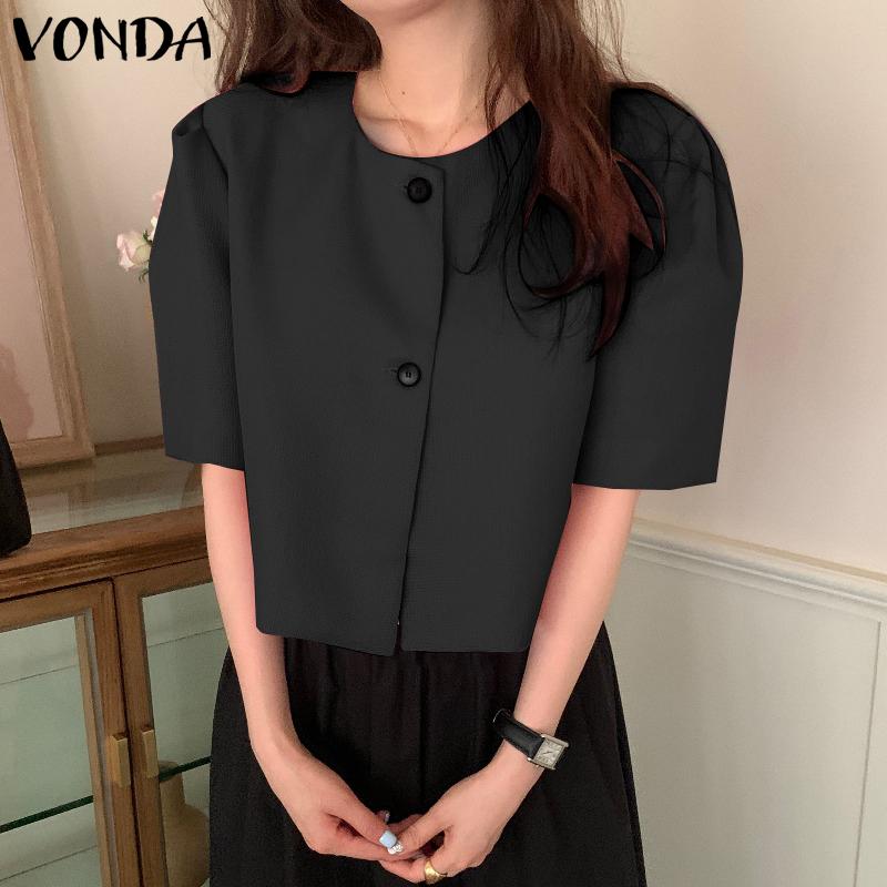 

VONDA женская летняя однотонная свободная блузка с круглым вырезом и открытой планкой на пуговицах и короткими рукавами
