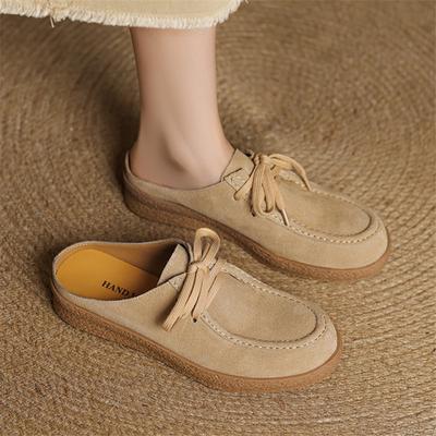 Mode Nouveaux Pantoufles d'Été en Daim de Vache à Bout Couvert pour Femmes Mode Bout Rond Lacets Mules Chaussures Chaussures pour Dames Chaussures Plates Pantoufles