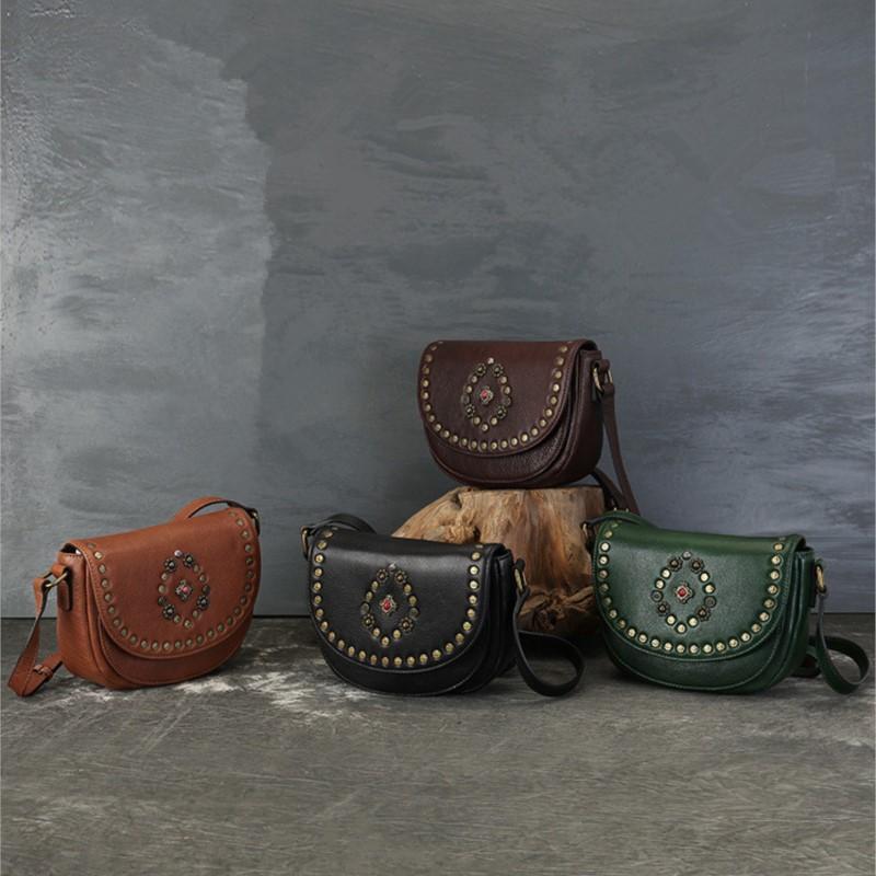 Johnature Genuine Leather Women's Saddle Bag Retro Handmade Rivet Shoulder & Crossbody Bags