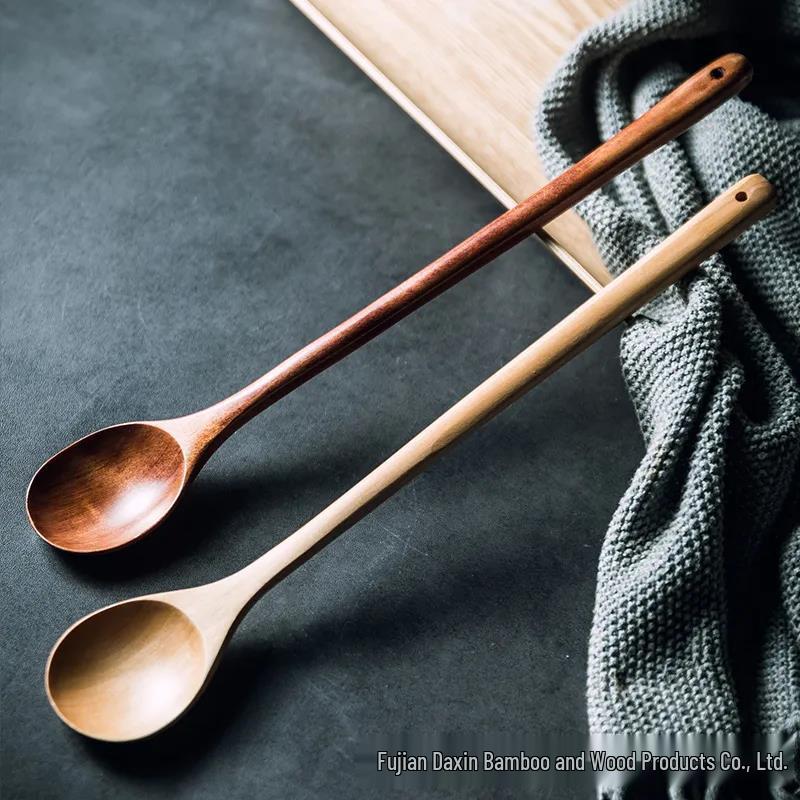 Food-Grade Wooden Spoon with Extended Handle - Anti-Scalding, Ideal for Mixing in Rice Cookers & Milk Pots, Engravable.