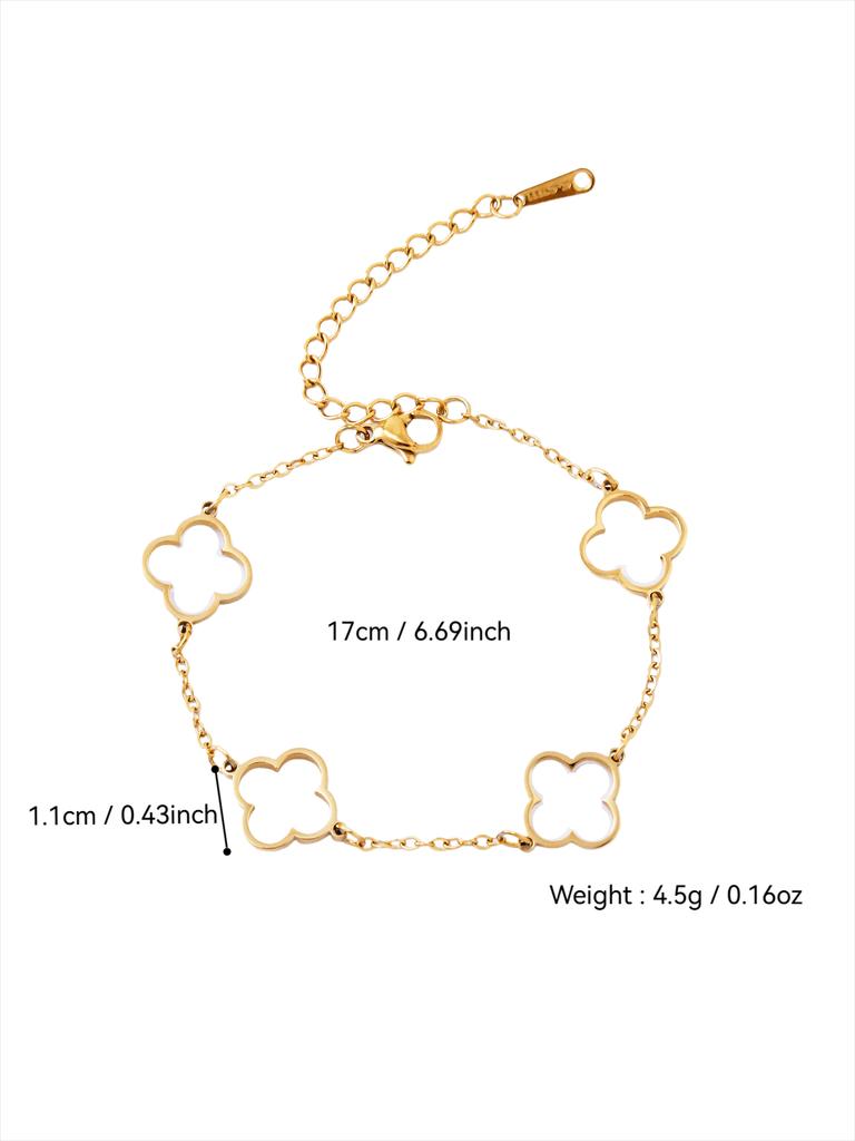 French Elegant Stainless Steel Cinquefoil, Double Stud Zirconia Bangle, Openwork Flower Bracelet Jewellery Set