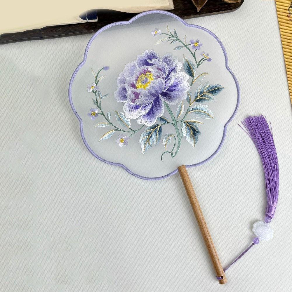 Long Handle Double Sided Embroidery Fan Semi-Transparent Vintage Hand Fan Flower Silk Fan  Wedding