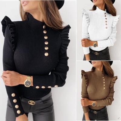 Kadınlar için Ruffled Uzun Kollu Koltuk Altı Şerit Düğmeli Üst Alt Gömlek