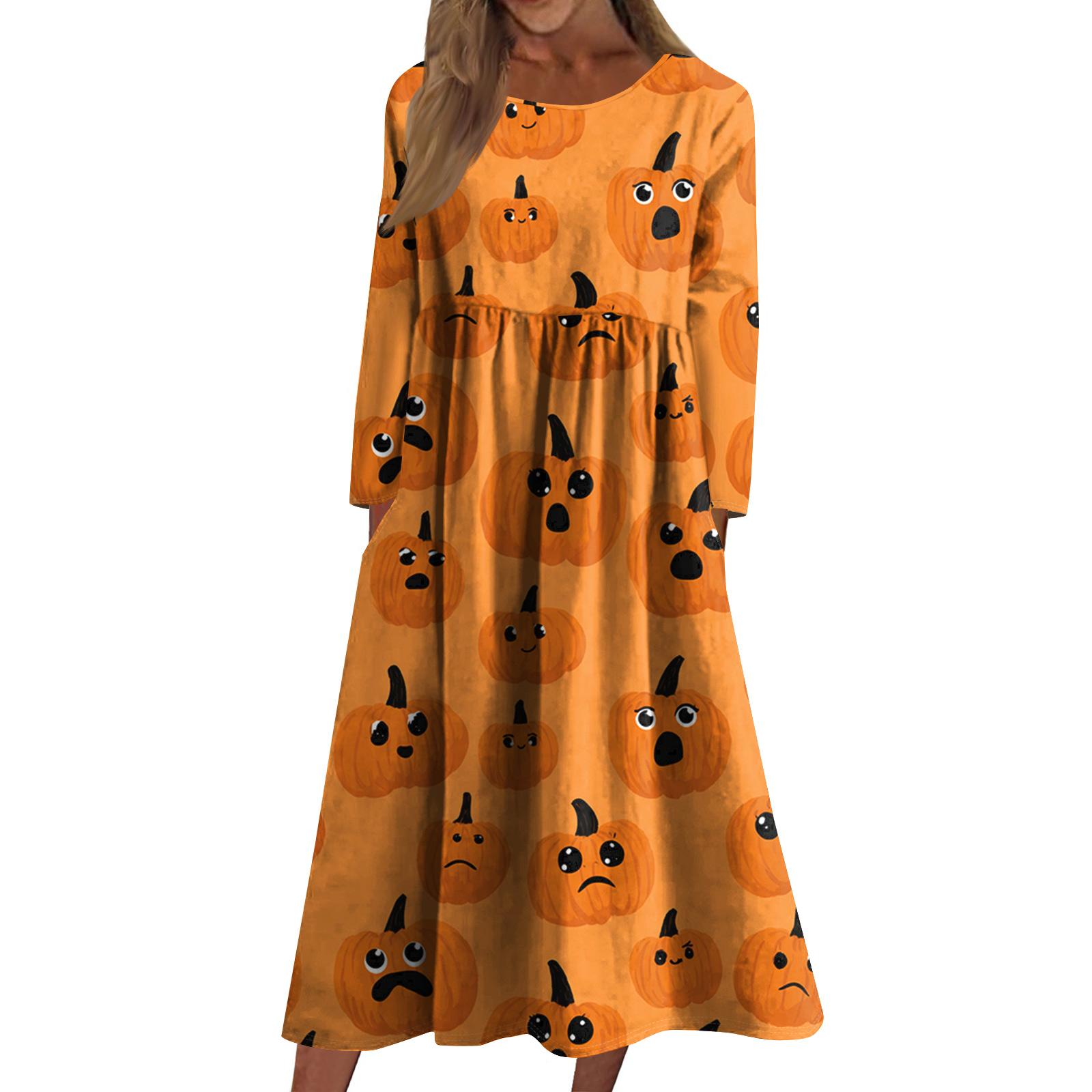 

Women s Casual -neck Halloween Print Mid-length Dress Long-sleeved Dress With Pocket XL шафрановий
