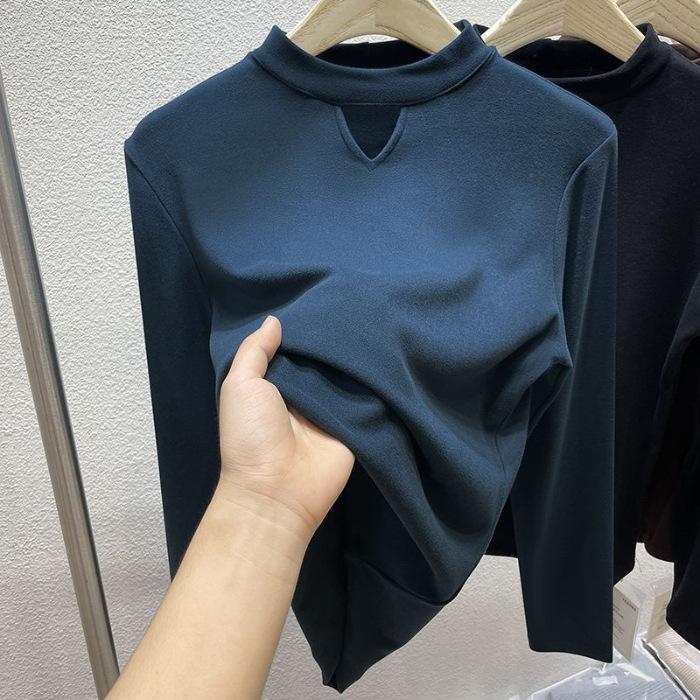Semi-turtleneck Bottoming Shirt Women's Long-sleeved Autumn and Winter New Hollow-out Inner Velvet Thickened Top