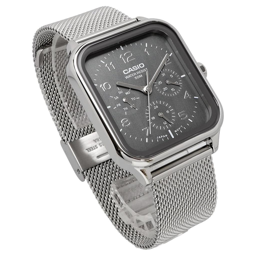 Casio MTP-M306M-8AV Men's Multi-Function Watch, Rectangle Silver Case, Gray Sunburst Dial, Stainless Steel Mesh Band