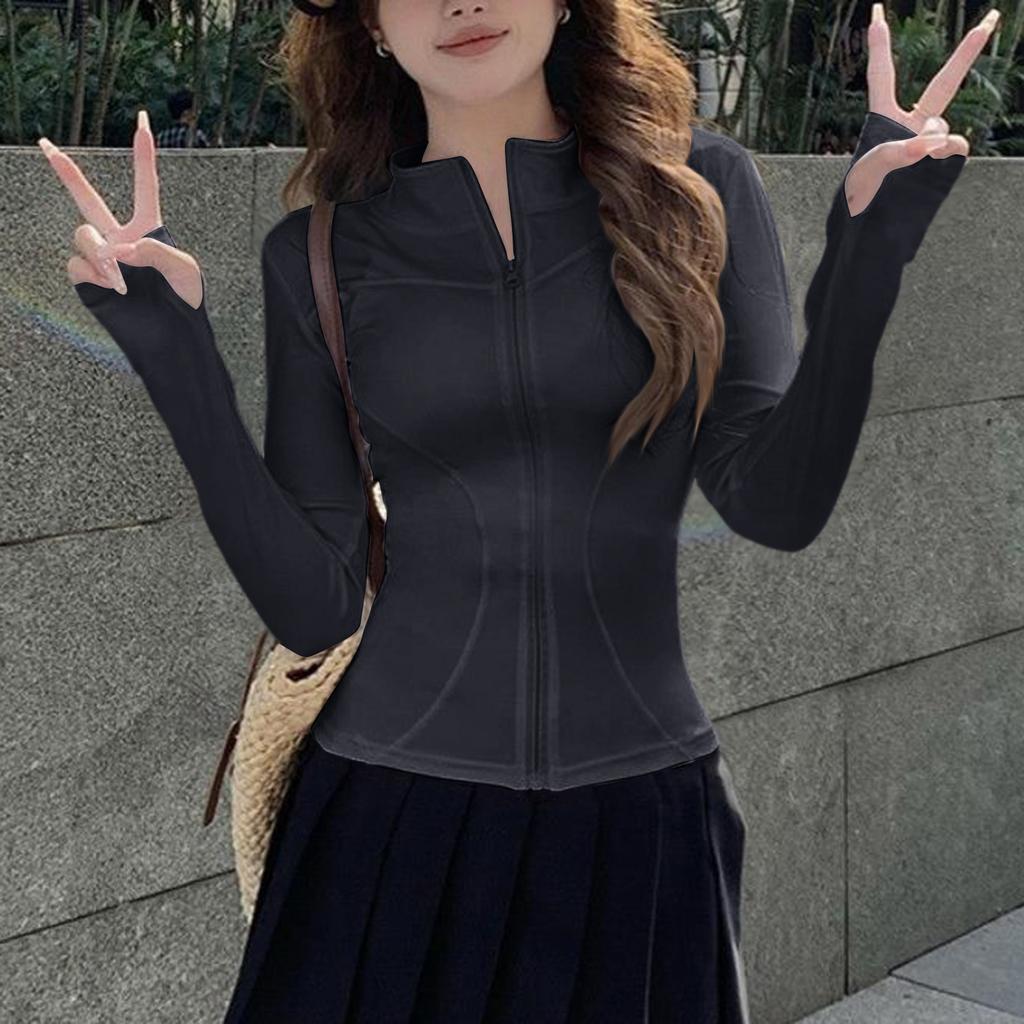 Women's Fashion Casual Slim Fit Cardigan Jacket Yoga Fitness Clothes Thin Top Stand Collar Nylon Sun Top