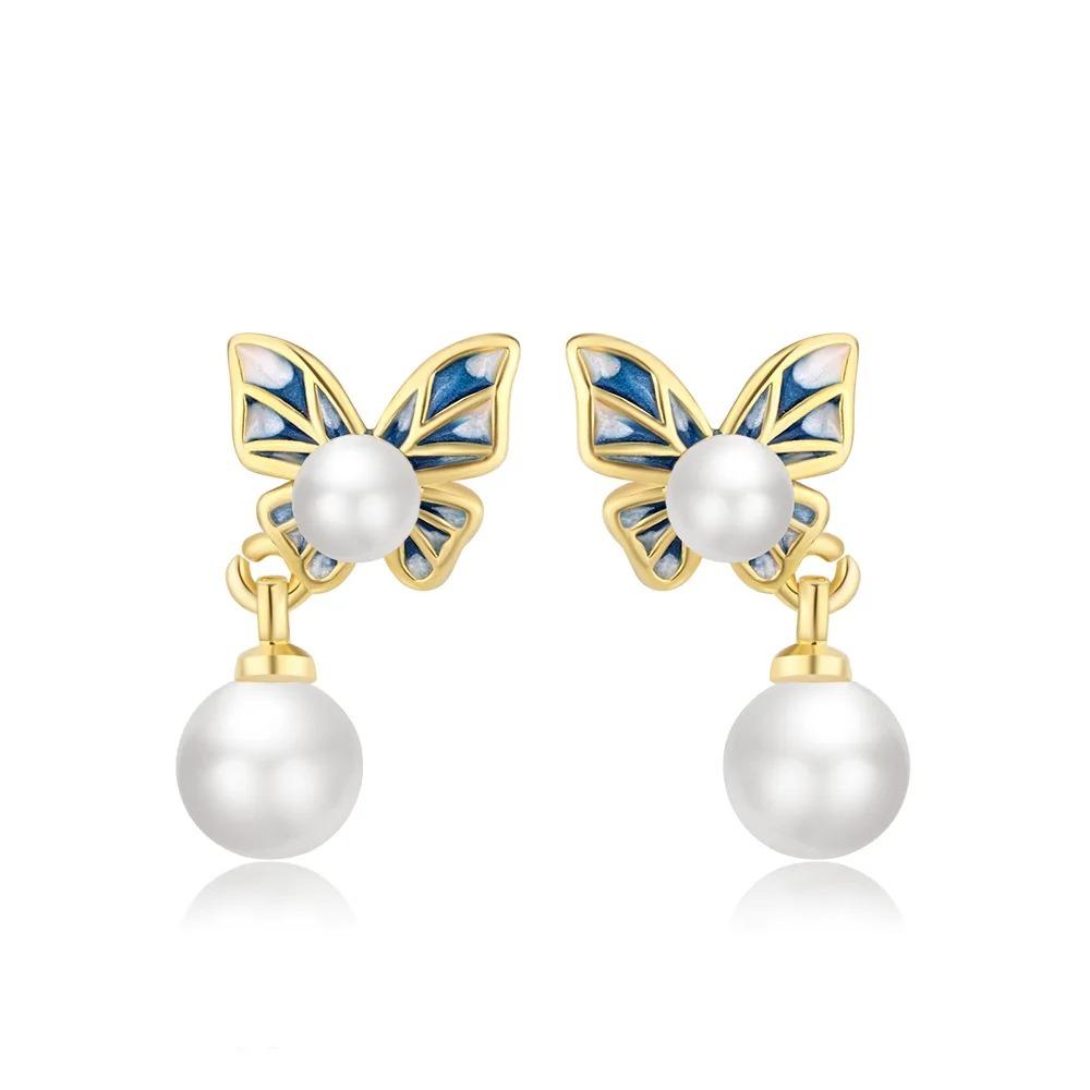 925 Sterling Silver Gold French Style Butterfly Pearl Pendant Earrings Romantic Vintage Elegant JewelryGood Product