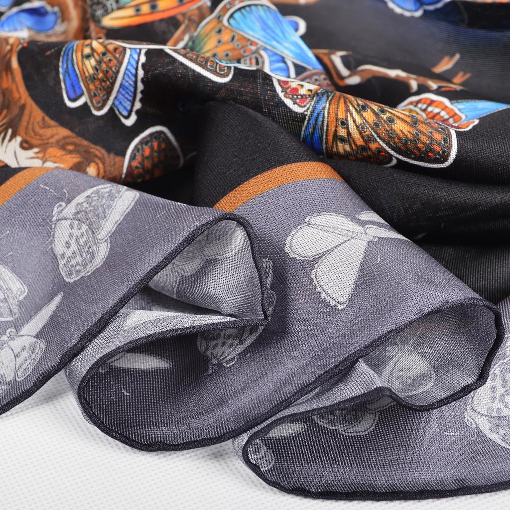 BYSIFA| Black Grey Women Pure Silk Scarves Hijabs Elegant Blue Butterfly Design 100% Mulberry Silk Square Neck Scarf Shawl 108cm