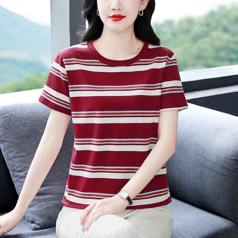 Striped Short-sleeved T-shirt Women's Round Neck Half-sleeved Shirt Summer Plus Size Loose Top