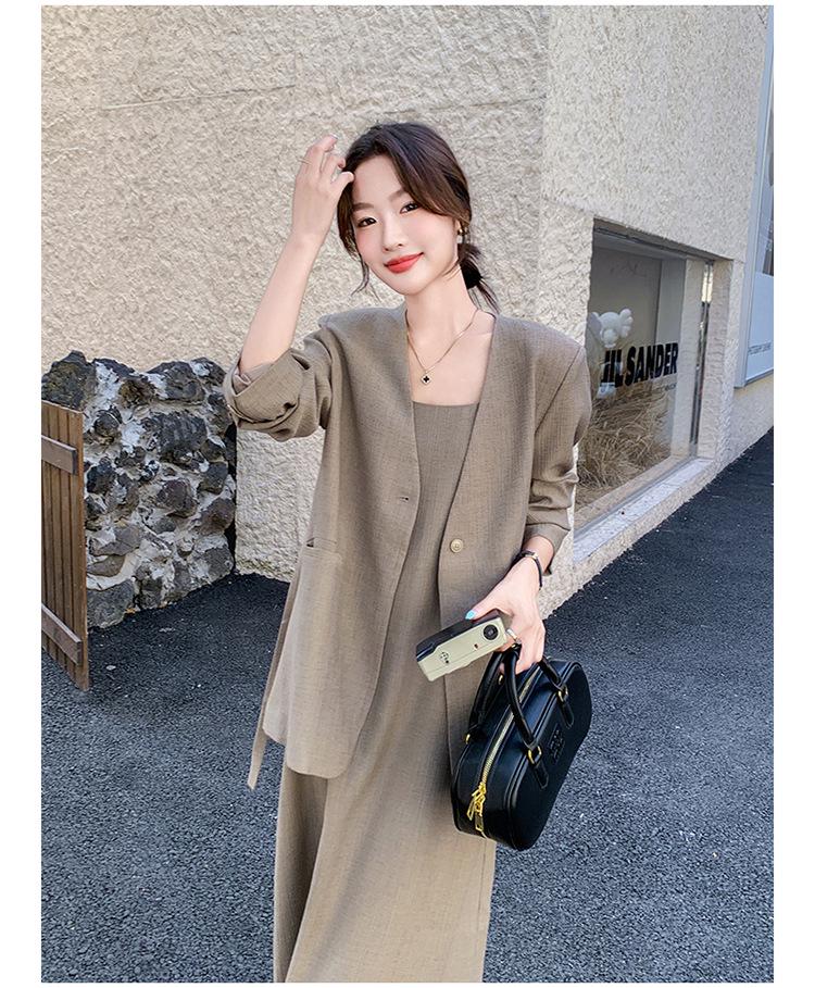 Premium V-Ausschnitt Anzug Rock & Ärmelloses Kleid Set für Damen - Sophistizierter Herbststil